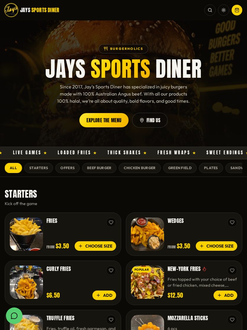 Jays Sports Diner home page on a tablet